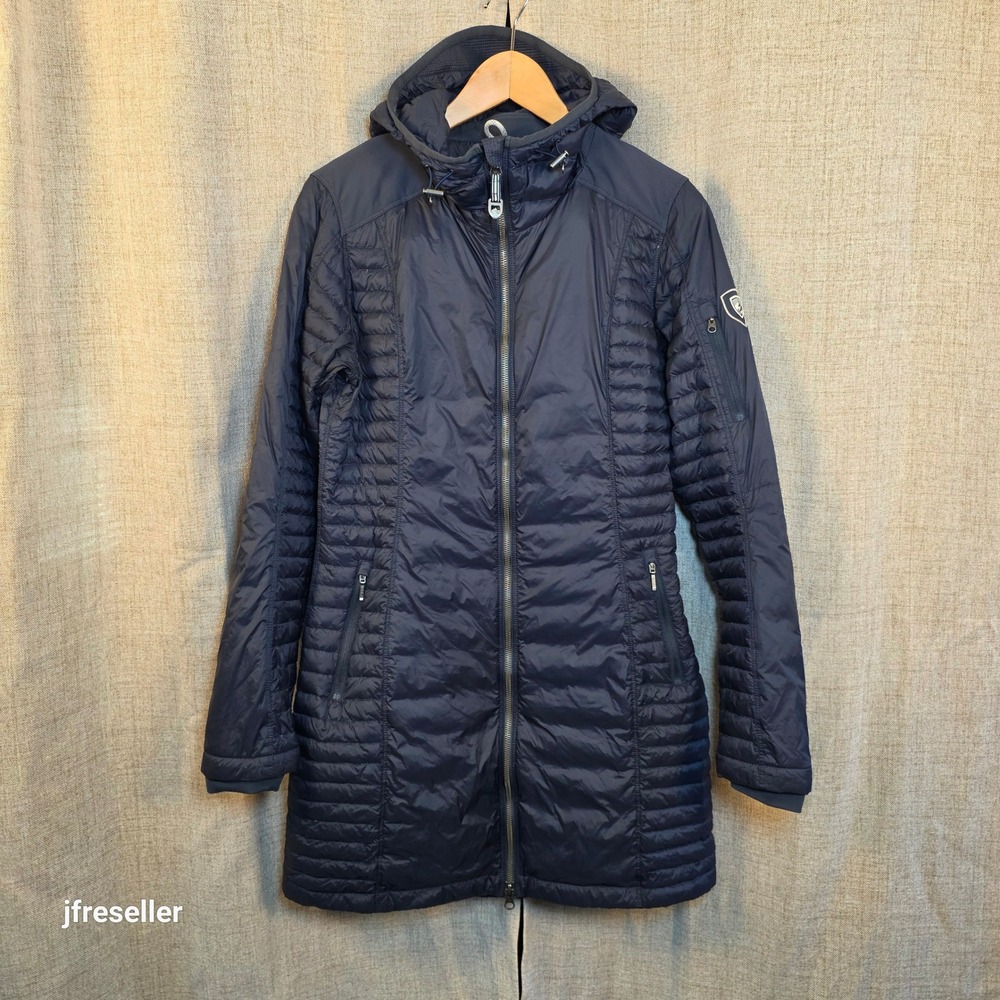 Kuhl Projekt Spyfire Hooded Down Parka Navy Blue Long Puffer Jacket Womens Small